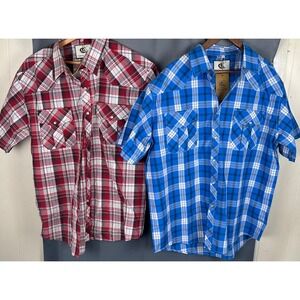 Lot of 2 Cormals Club Men Plaid Western Shirt ShortSleeve Pearl Snap Blue Red XL